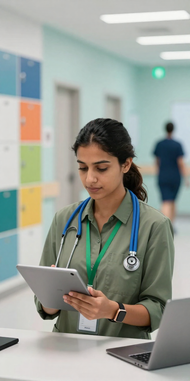 Médica analisando informações em um tablet